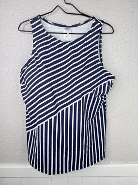 LANDS’ END Tummy Control Tankini Swim Top Size 18DD Blue White Nautical Vacation